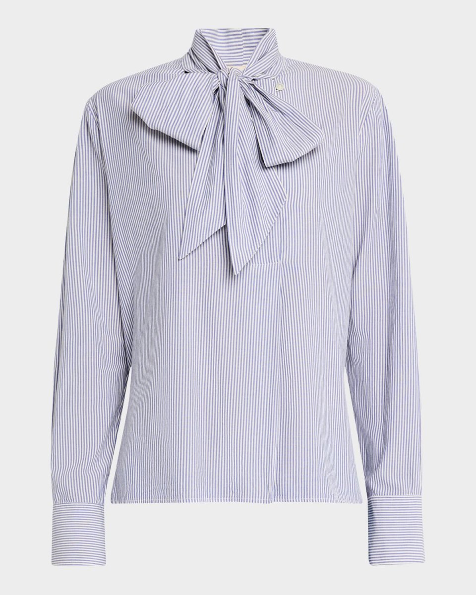 Striped Tie-Neck Cotton Blous